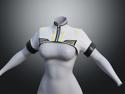 Fashionable White Top with Yellow Patterns Short Sleeves and Black Cuffs Zipper Neckline Design 3d model