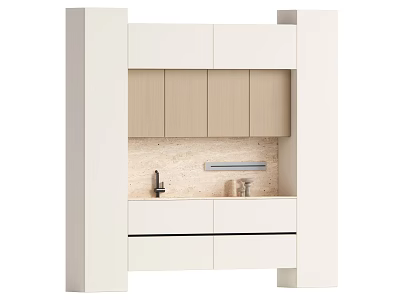 Modern Sideboard with White and Light Wood Cabinets Textured Backsplash and Countertop 3d model