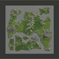 3D Terrain Model with Green Vegetation Cover and Mountainous High Ground on Grid Background