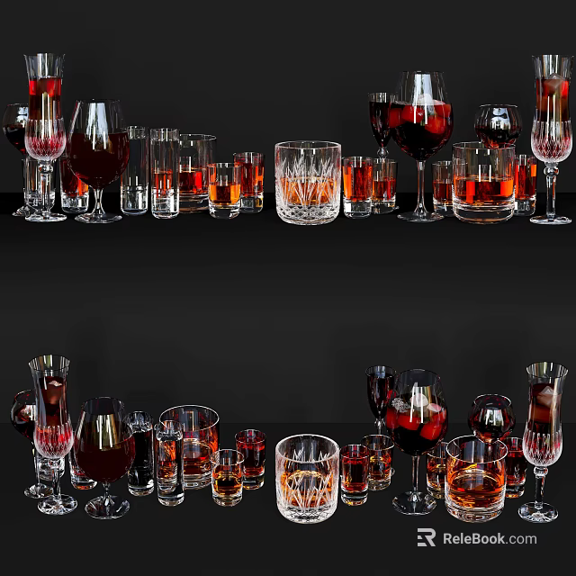 Various Wine Bottles and Glasses with Different Types of Red and Clear Liquids on Black Background 3d model 