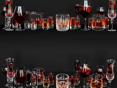 Various Wine Bottles and Glasses with Different Types of Red and Clear Liquids on Black Background 3d model