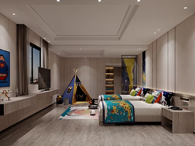 Modern Hotel Guest Room with Kids Teepee Colorful Bedding and Decorative Painting 3d model