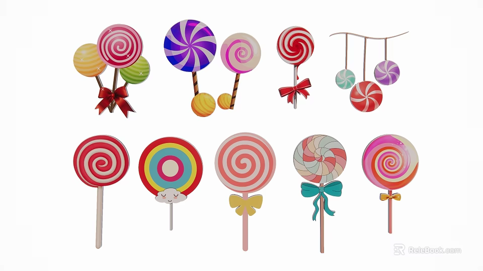 Various Colorful Lollipop Ornaments With Bowknot Hanging Decorative Designs 3d model 