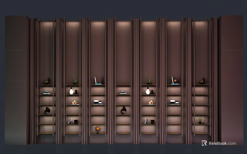 Modern Dark Bookcase Interior Design With Multiple Compartments Decorative Items And Built In Lighting 3d model