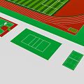 Football Stadium with Green Grass Pitch Red Running Track Blue Stands and Small Sports Courts