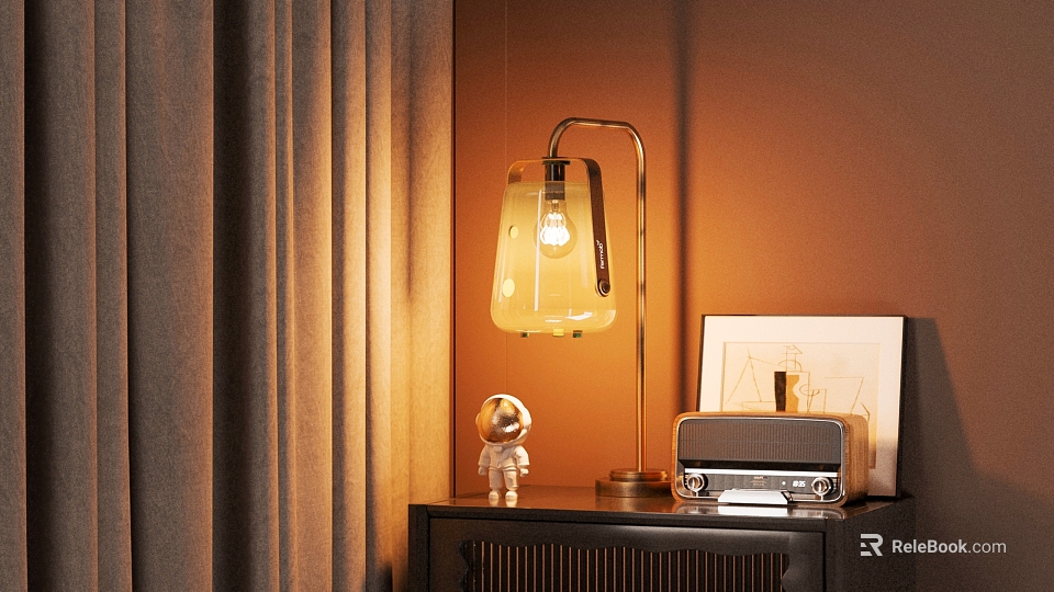 Warm Table Lamp With Small Astronaut Figure And Vintage Radio On Dark Cabinet 3d model 