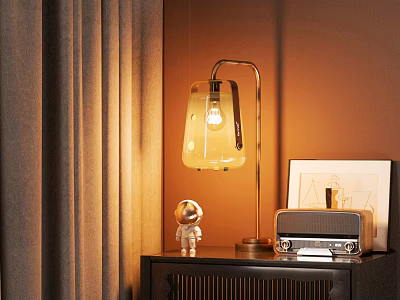 Warm Table Lamp With Small Astronaut Figure And Vintage Radio On Dark Cabinet 3d model