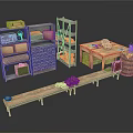 3D Storage Room Scene With Wooden Metal Shelves Cabinets Long Table Barrel Crates And Bags