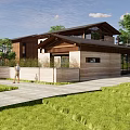 Modern Detached Villa With Wooden Exterior Black Roof Garden Terrace And Water Feature
