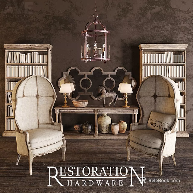 Vintage Single Armchairs in Rustic Interior with Wooden Bookshelves Decorative Console Table and Table Lamps 3d model 