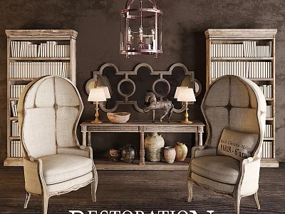 Vintage Single Armchairs in Rustic Interior with Wooden Bookshelves Decorative Console Table and Table Lamps 3d model