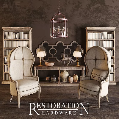 Vintage Single Armchairs in Rustic Interior with Wooden Bookshelves Decorative Console Table and Table Lamps 3d model