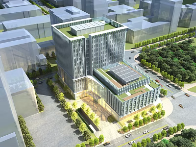 Modern Office Building Architecture With Glass Facade Green Roof And Surrounding Urban Trees 3d model