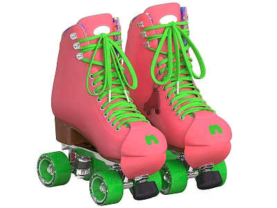 Pink Quad Roller Skates With Green Laces And Green Wheels Black Soles 3d model