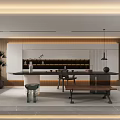 Modern Teahouse Interior With Long Table Stools Benches And Illuminated Shelves 3d model