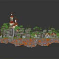 Cartoon Island Scene with Red Roofed Towers Green Palm Trees Stone Structures and Lush Grass