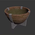 Rustic Wooden Basin With Slatted Design Green Inner Lining Metal Straps And Stand