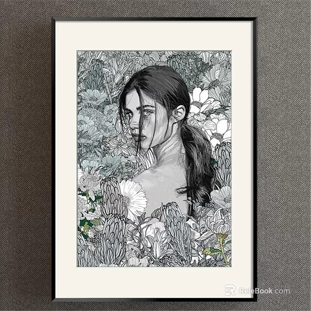 Black and White Portrait Painting of Woman with Ponytail in Floral Background 3d model 