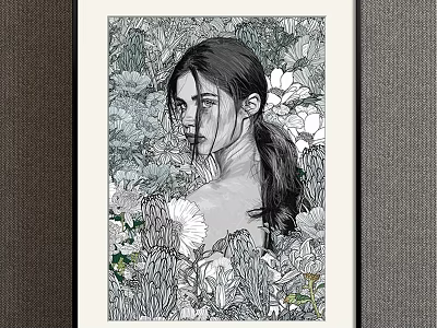 Black and White Portrait Painting of Woman with Ponytail in Floral Background 3d model