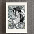 Black and White Portrait Painting of Woman with Ponytail in Floral Background