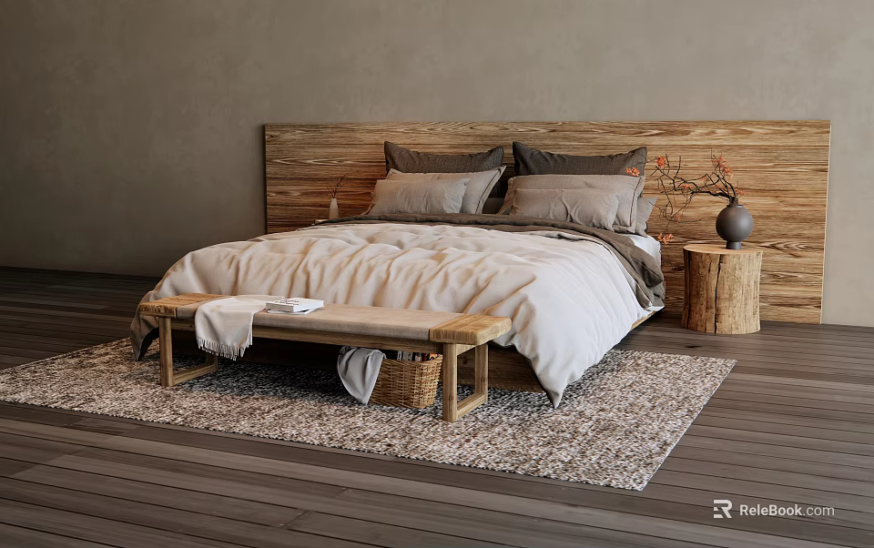 Double Bed with Wooden Headboard Gray Pillows Light Quilt Bench Wicker Basket and Side Table 3d model 
