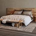 Double Bed with Wooden Headboard Gray Pillows Light Quilt Bench Wicker Basket and Side Table