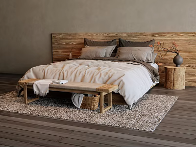 Double Bed with Wooden Headboard Gray Pillows Light Quilt Bench Wicker Basket and Side Table 3d model