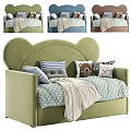Blue Mickey Ear Shaped Velvet Sofa with Gray Checkered Brown Pillows and Beige Geometric Blanket