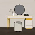 Elegant White Dressing Table With Round Mirror Beige Stool Metal Legs And Drawers