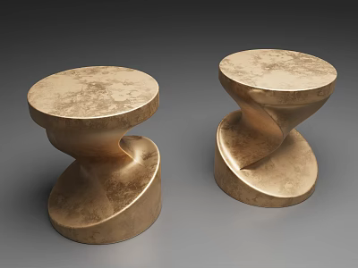 Golden Tea Tables With Spiral Base And Round Marble Texture Top 3d model