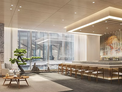 Modern Restaurant Interior With Open Layout Bar Wooden Tables And Green Plants 3d model