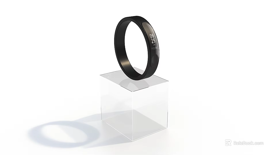 Black Circular Accessory On Clear Acrylic Display Stand With White Background 3d model