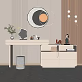 Modern Dressing Table With Round Mirror Stool And Decorative Drawers On Textured Wall 3d model