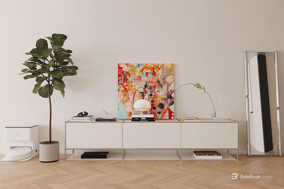 White Modern Entryway Console Cabinet And Side Cabinet With Fiddle Leaf Fig Artwork And Mirror 3d model 