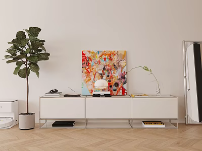 White Modern Entryway Console Cabinet And Side Cabinet With Fiddle Leaf Fig Artwork And Mirror 3d model