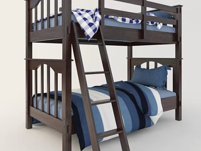 Wooden Bunk Bed with Ladder Blue White Striped Bedding and Pillows 3d model