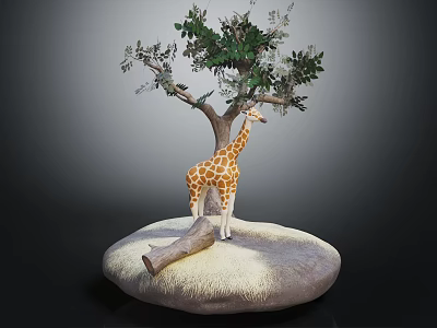 Spotted Giraffe Standing Under Green Leaf Tree On Circular Natural Base With Grass And Log 3d model