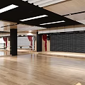 Modern Gym Interior With Spacious Wooden Flooring Large Windows Red Curtains And Slatted Ceiling