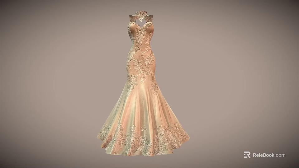 Elegant Champagne Colored Lace Embellished Mermaid Evening Gown With Strapless Design 3d model 