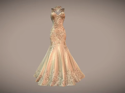 Elegant Champagne Colored Lace Embellished Mermaid Evening Gown With Strapless Design 3d model