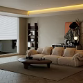 Modern Living Room With Beige Sofa Wooden Coffee Table Window Decorative Painting Bookshelf And Plant