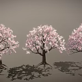 Beautiful Pink Blossom Tree With Dark Trunk On Green Grassy Hill And Falling White Petals