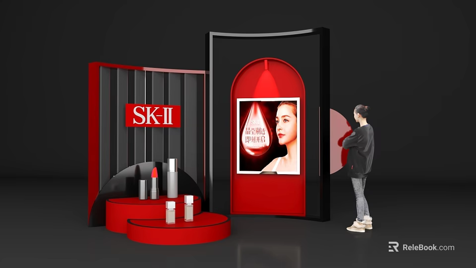 SK-II Red Cosmetics Display Photo Spot With Brand Poster And Makeup Products 3d model 