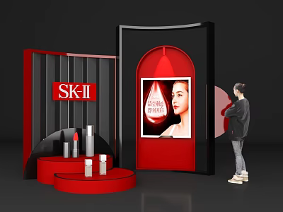SK-II Red Cosmetics Display Photo Spot With Brand Poster And Makeup Products 3d model