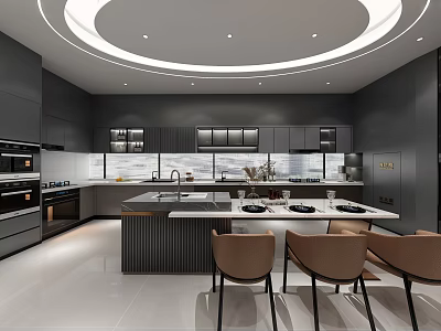 Modern Kitchen Interior With Dark Cabinets Kitchen Island Dining Chairs And Circular Ceiling Light 3d model