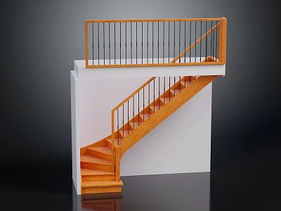Wooden Staircase With Black Metal Railing Wooden Handrail And Steps 3d model