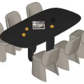 Modern Dining Table Set with Oval Black Tabletop Gray Dining Chairs and Magazine with Fruits