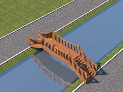Wooden Garden Bridge With Stairs Railing Over Waterway And Grass Paved Path 3d model