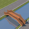 Wooden Garden Bridge With Stairs Railing Over Waterway And Grass Paved Path