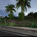 Garden Landscape Featuring Palm Trees Green Plants Bushes And Road Under Blue Sky